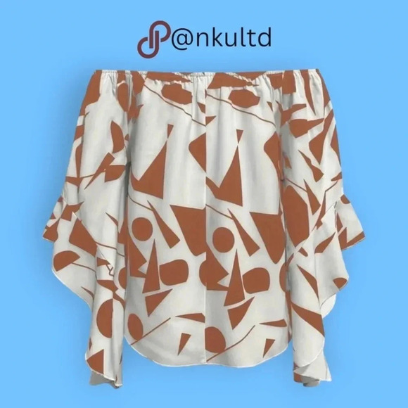 🆕️Boho Chic Off-Shoulder Abstract Blouse‎ 🤎✨ Light Brown & White 🌿 Trendy Top - Picture 5 of 11